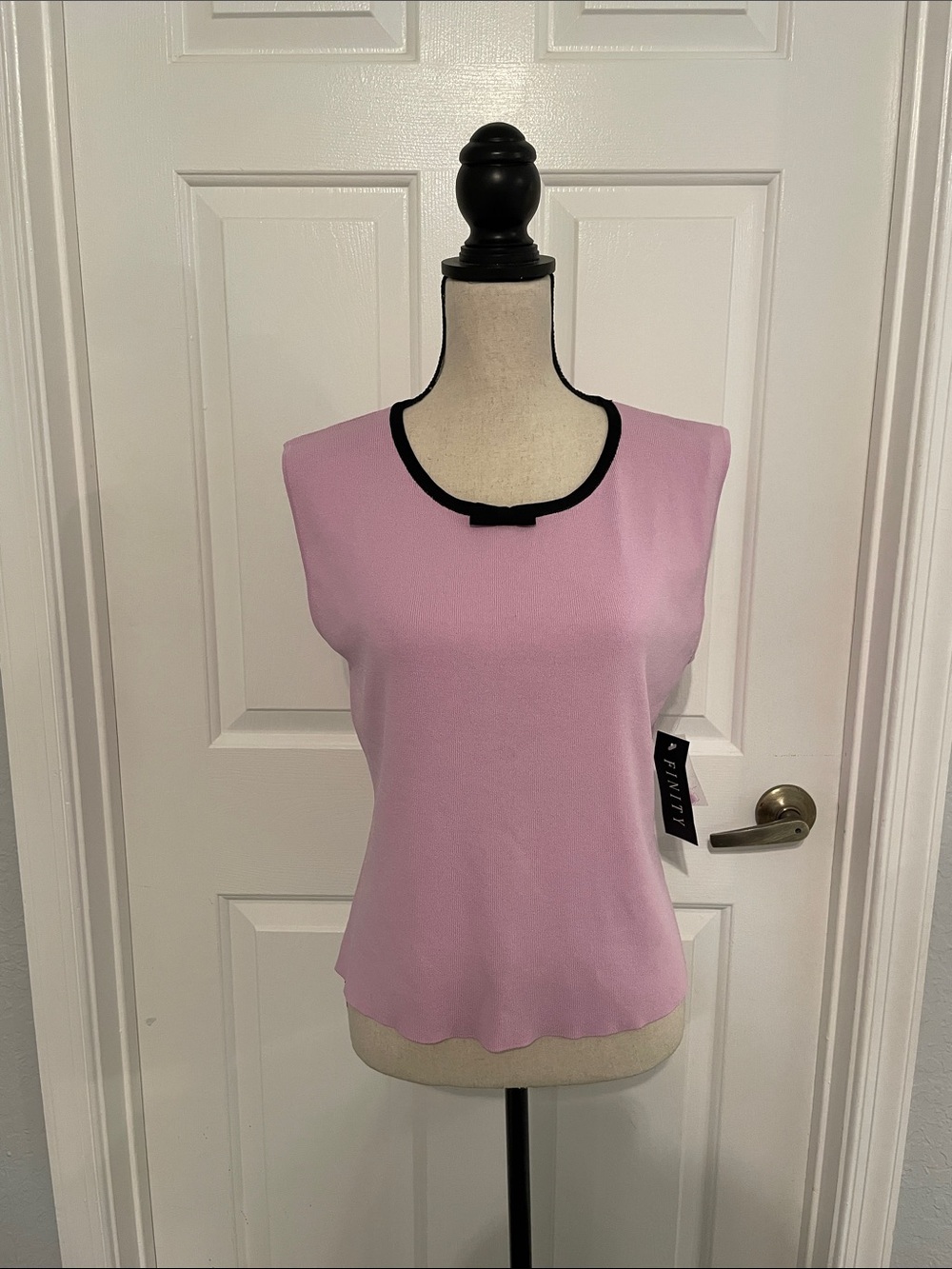 Finity Lilac Sleeveless Knit Top with Black Bow Neck Trim
